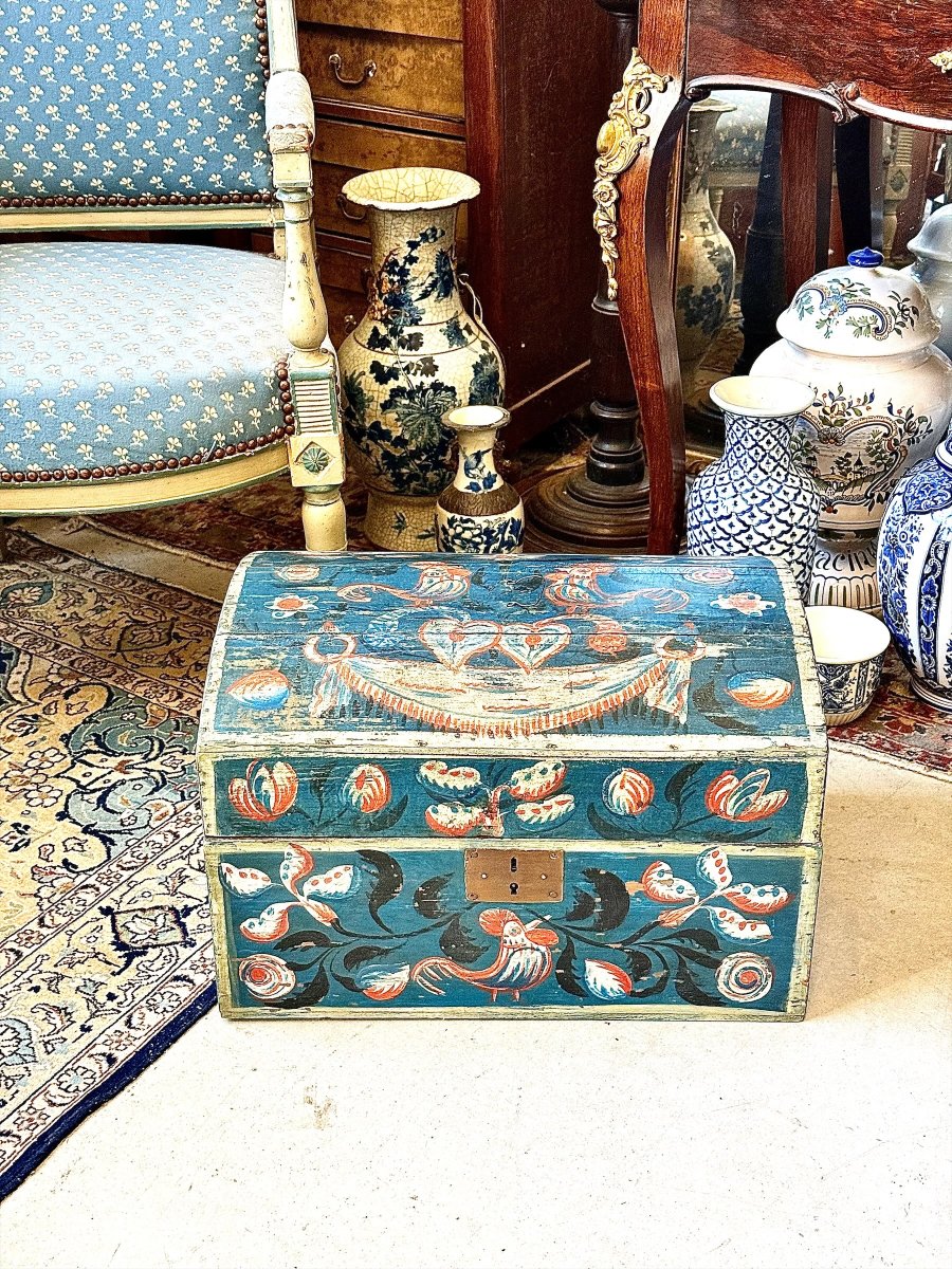 19th Century Austrian Folk Art Polychrome Painted Spruce Marriage Chest-photo-2