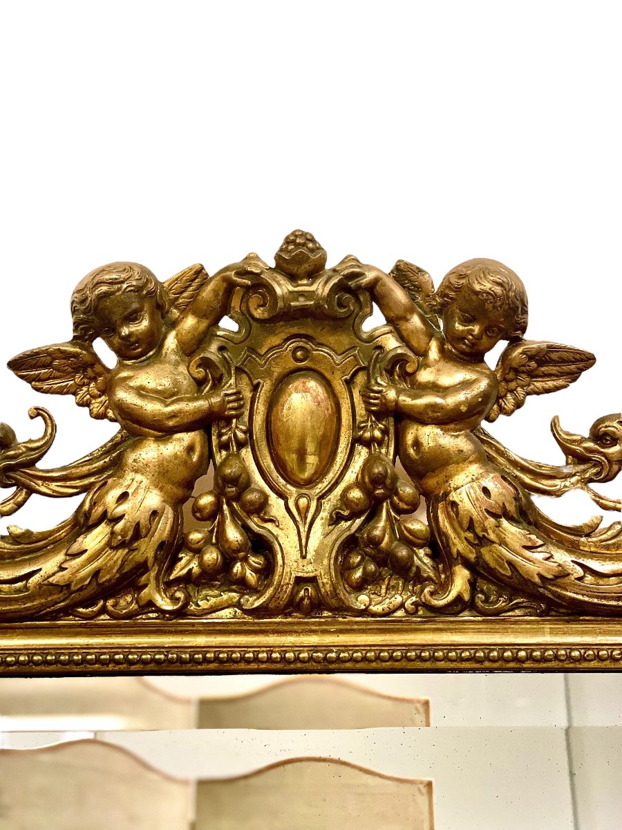 Grand miroir Napoléon III en bois doré aux chérubins et blason, vers 1870-photo-3