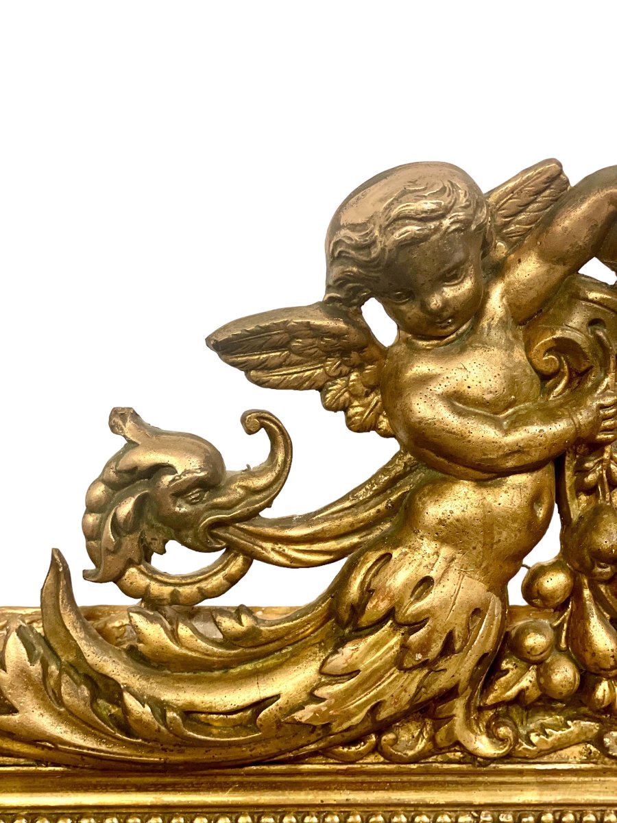 Grand miroir Napoléon III en bois doré aux chérubins et blason, vers 1870-photo-1