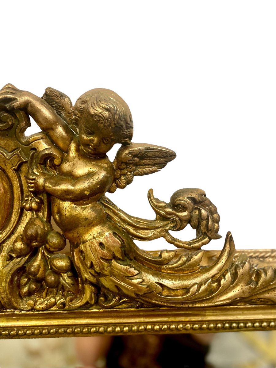 Grand miroir Napoléon III en bois doré aux chérubins et blason, vers 1870-photo-2