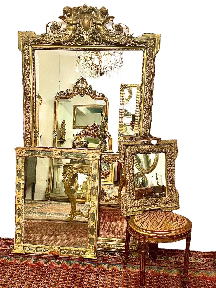 Grand miroir Napoléon III en bois doré aux chérubins et blason, vers 1870-photo-4