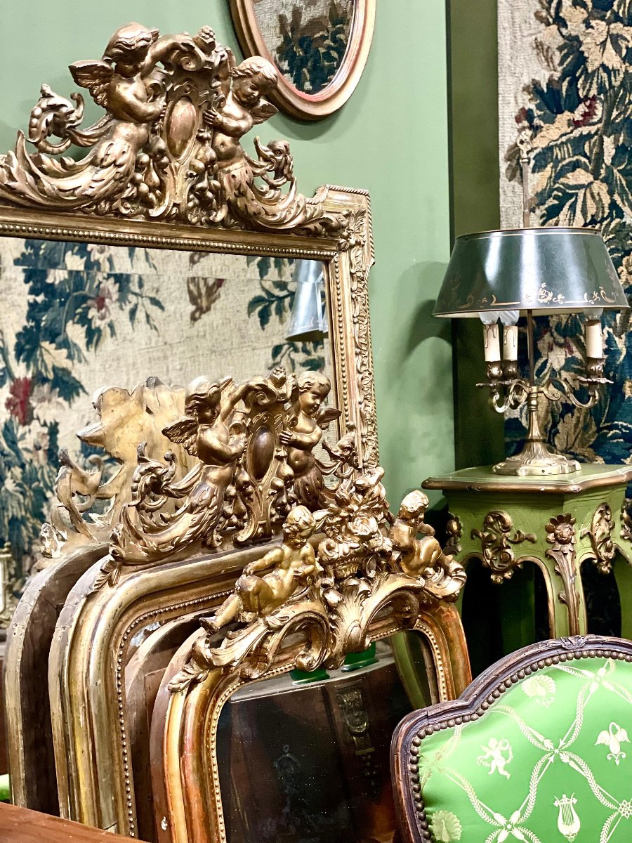 Grand miroir Napoléon III en bois doré aux chérubins et blason, vers 1870-photo-8