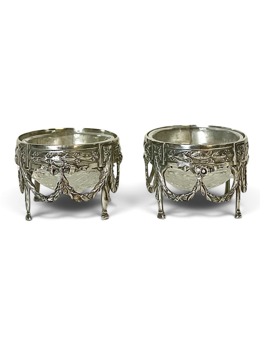 Pair Of French Empire 950 Silver Swan Salt Cellars With Cut Crystal-photo-3