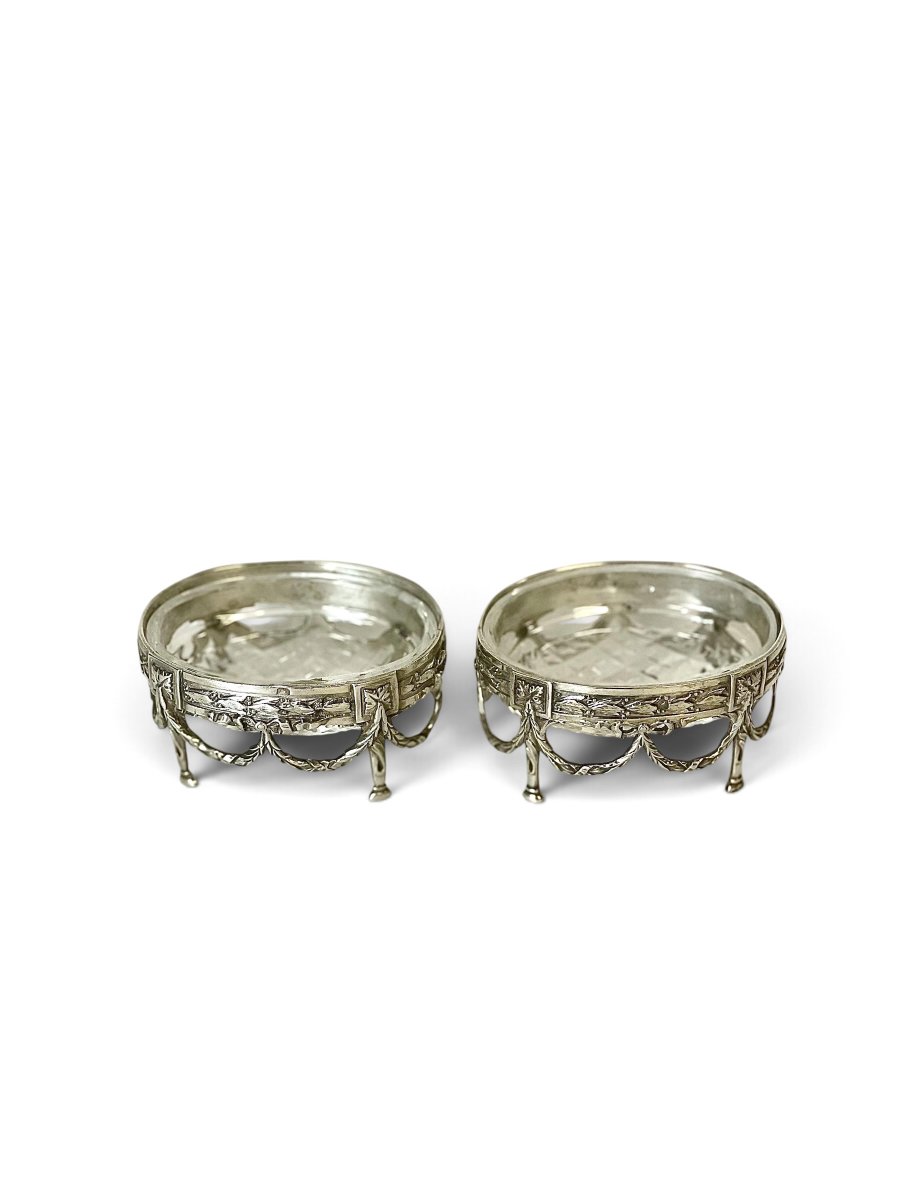 Pair Of French Empire 950 Silver Swan Salt Cellars With Cut Crystal-photo-4