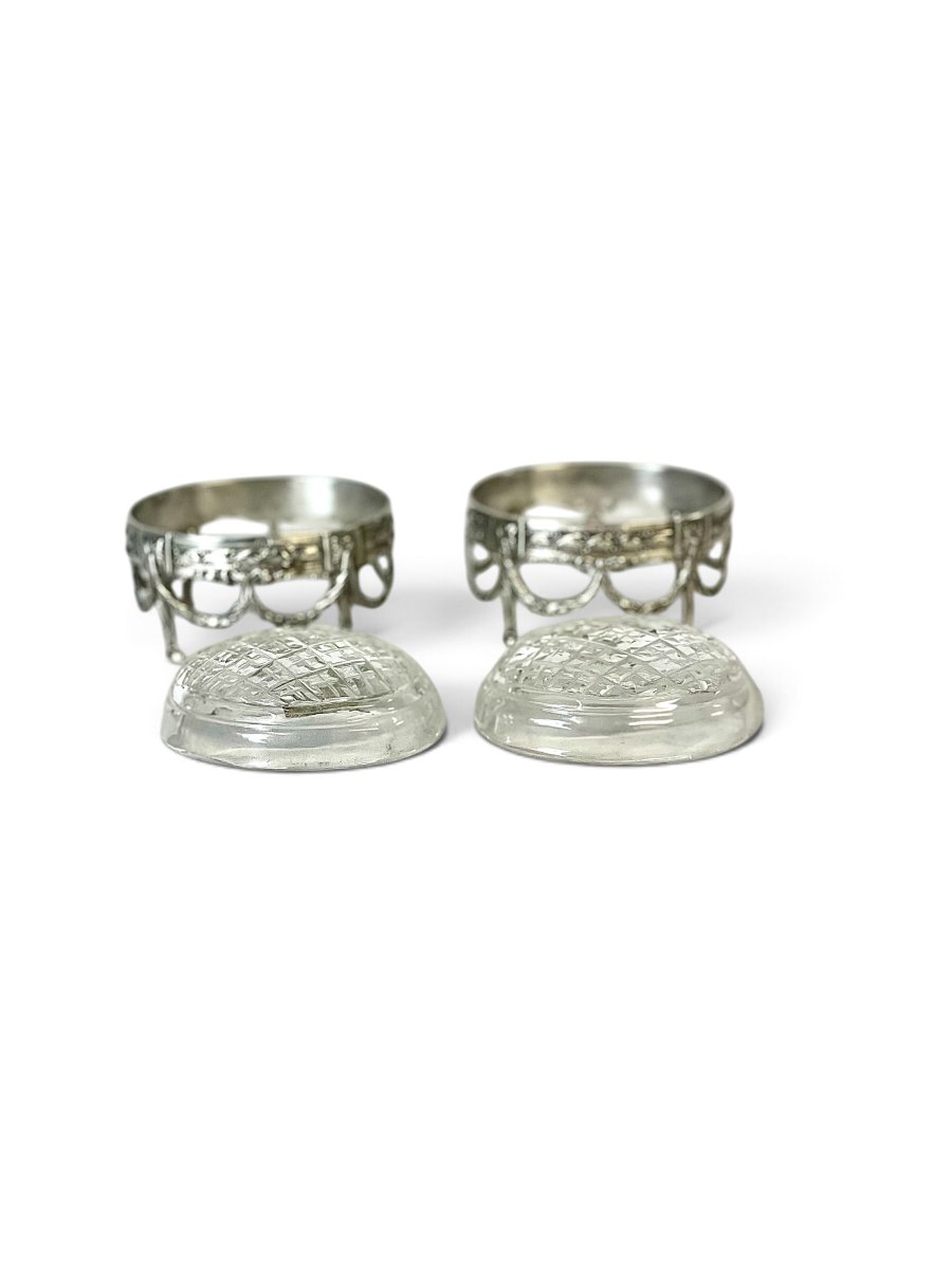 Pair Of French Empire 950 Silver Swan Salt Cellars With Cut Crystal-photo-2