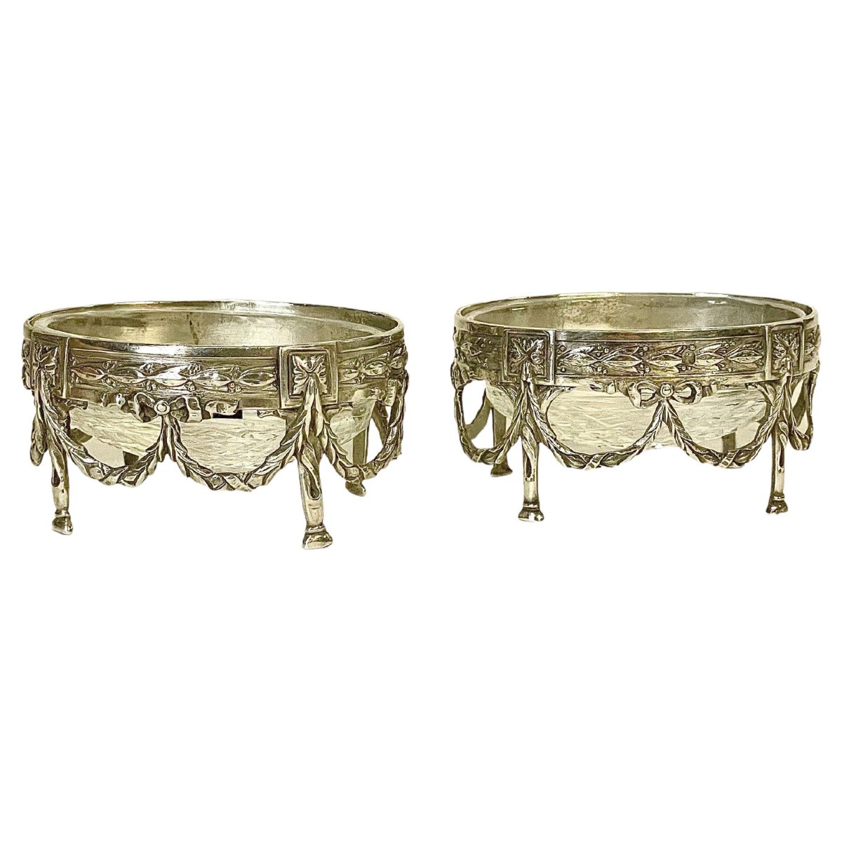 Pair Of French Empire 950 Silver Swan Salt Cellars With Cut Crystal