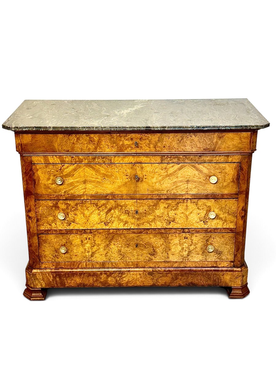 French Restoration Burr Walnut Commode With Grey Marble, Circa 1830-photo-3