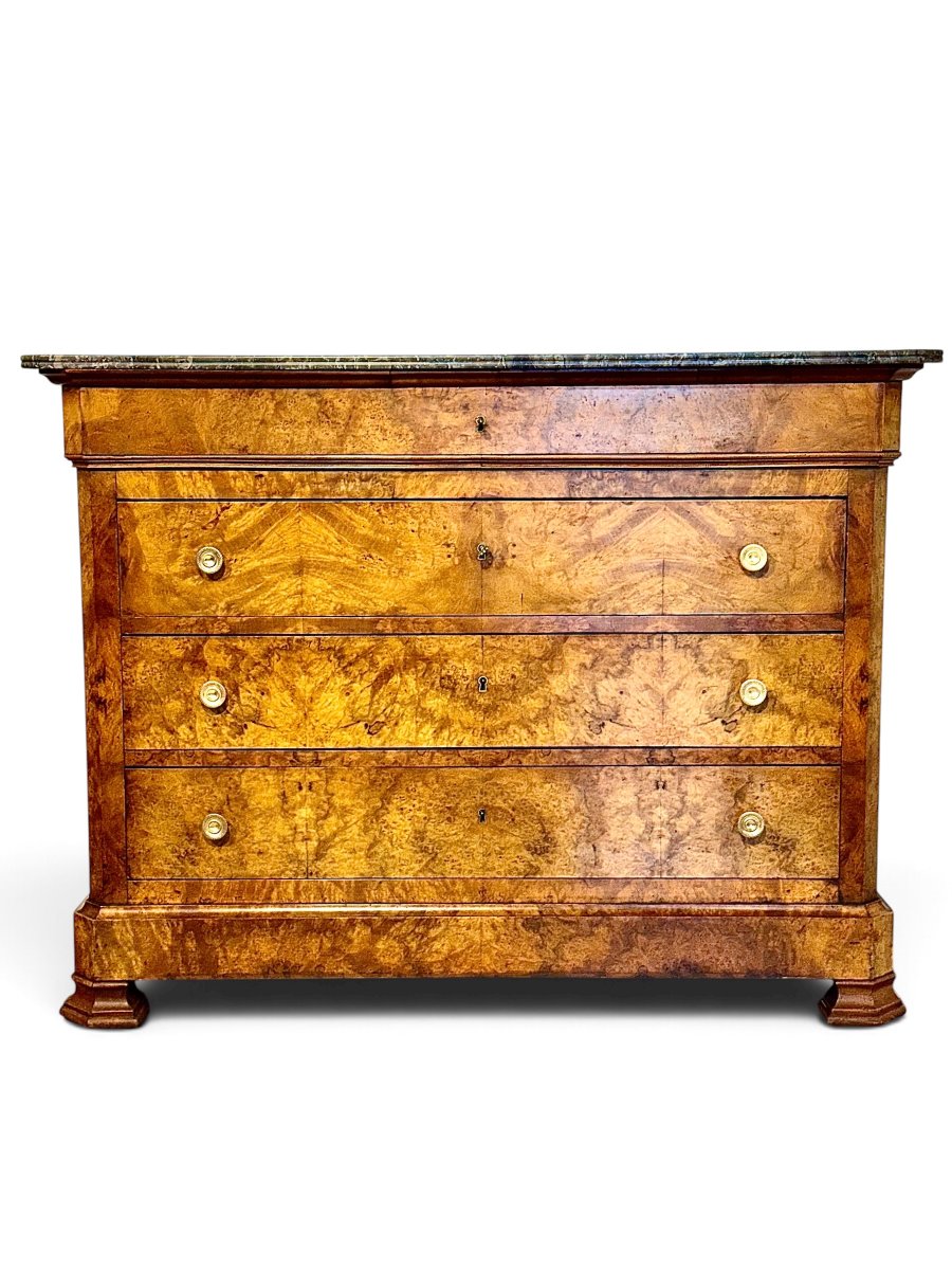 French Restoration Burr Walnut Commode With Grey Marble, Circa 1830