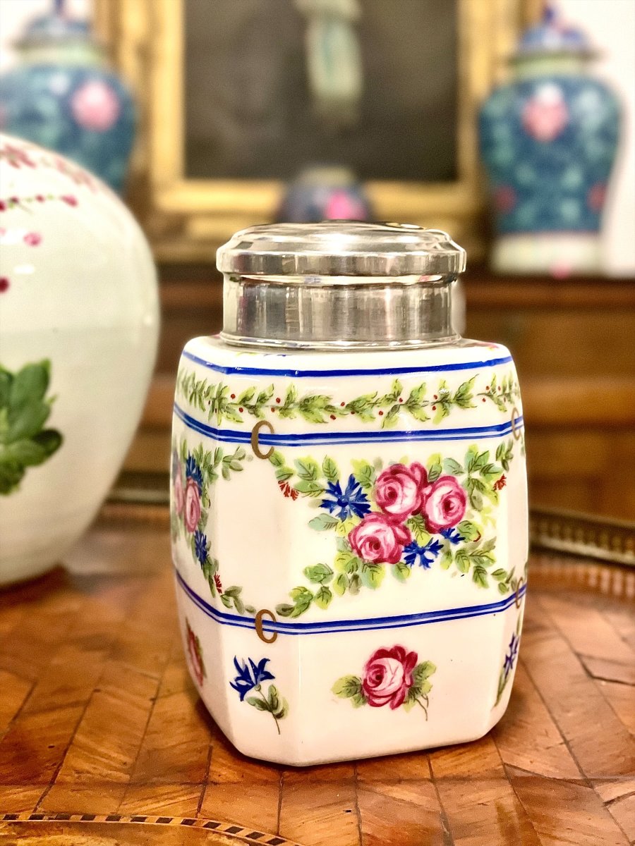 French Limoges Porcelain Tea Caddy With Sterling Silver Lid, Circa 1900-photo-2