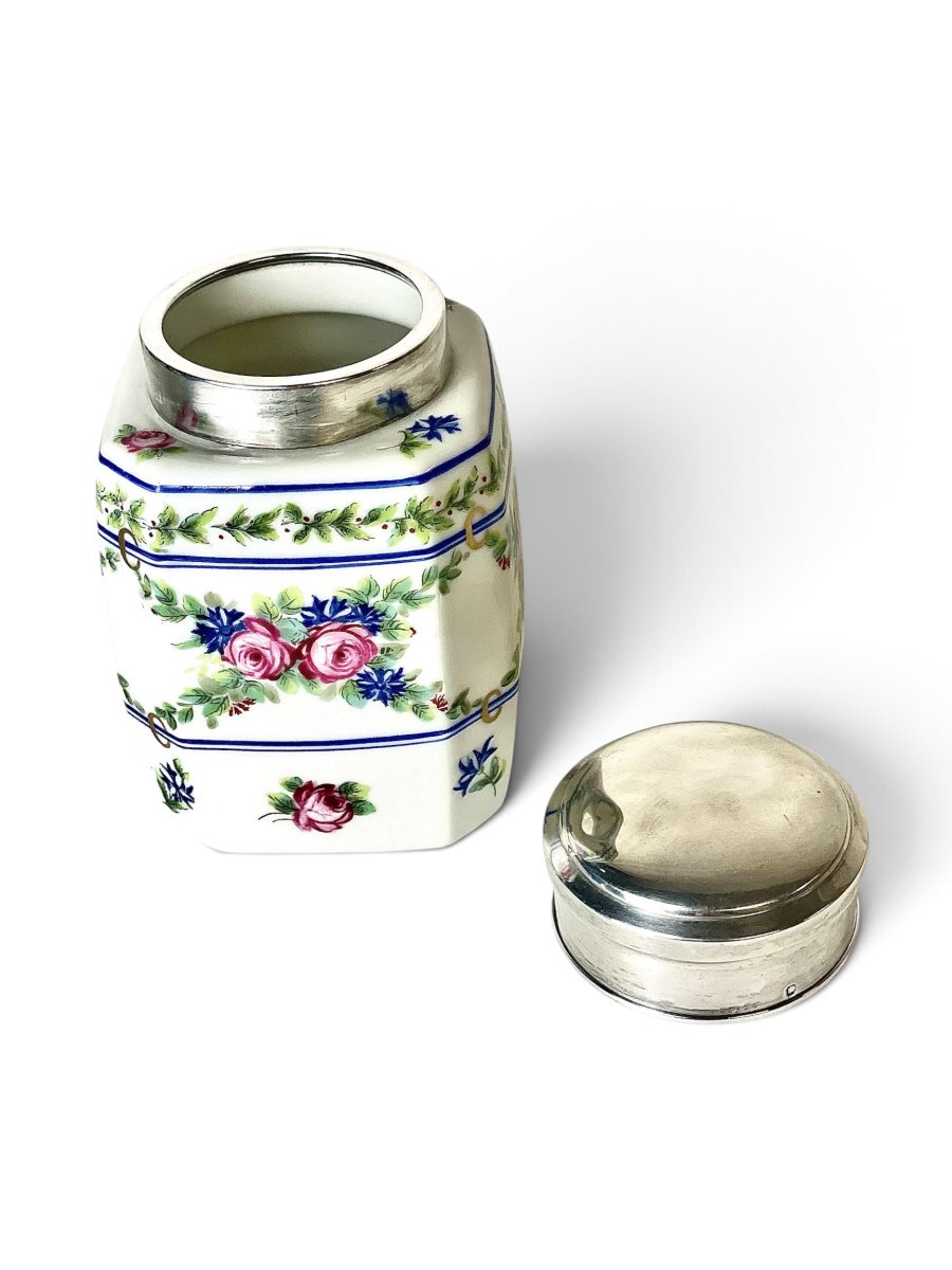 French Limoges Porcelain Tea Caddy With Sterling Silver Lid, Circa 1900-photo-3