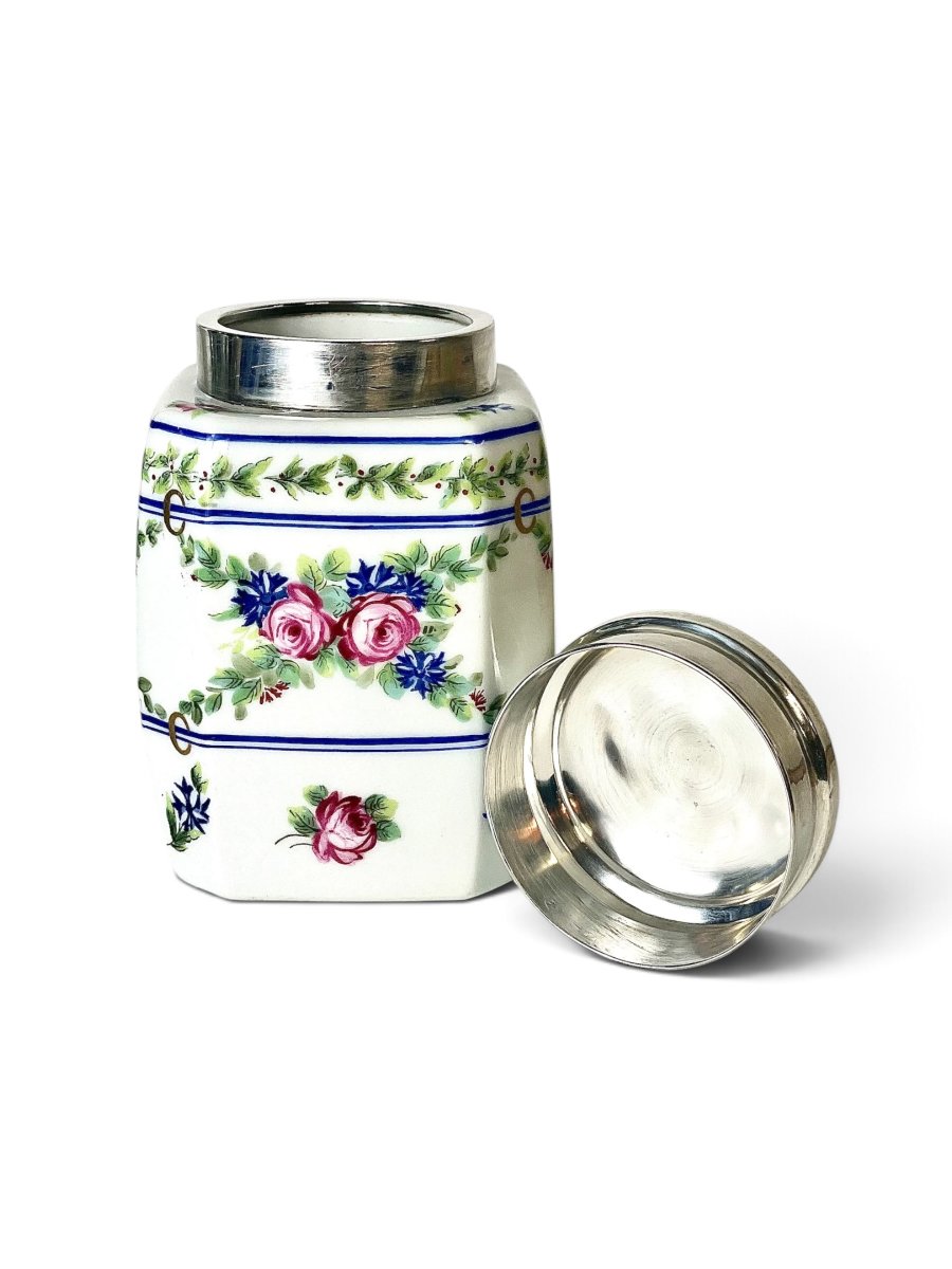 French Limoges Porcelain Tea Caddy With Sterling Silver Lid, Circa 1900-photo-4