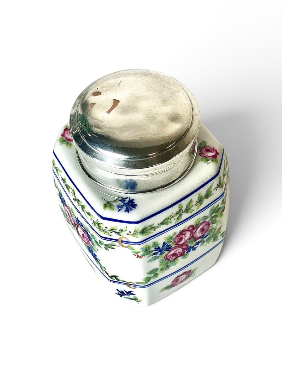 French Limoges Porcelain Tea Caddy With Sterling Silver Lid, Circa 1900-photo-1