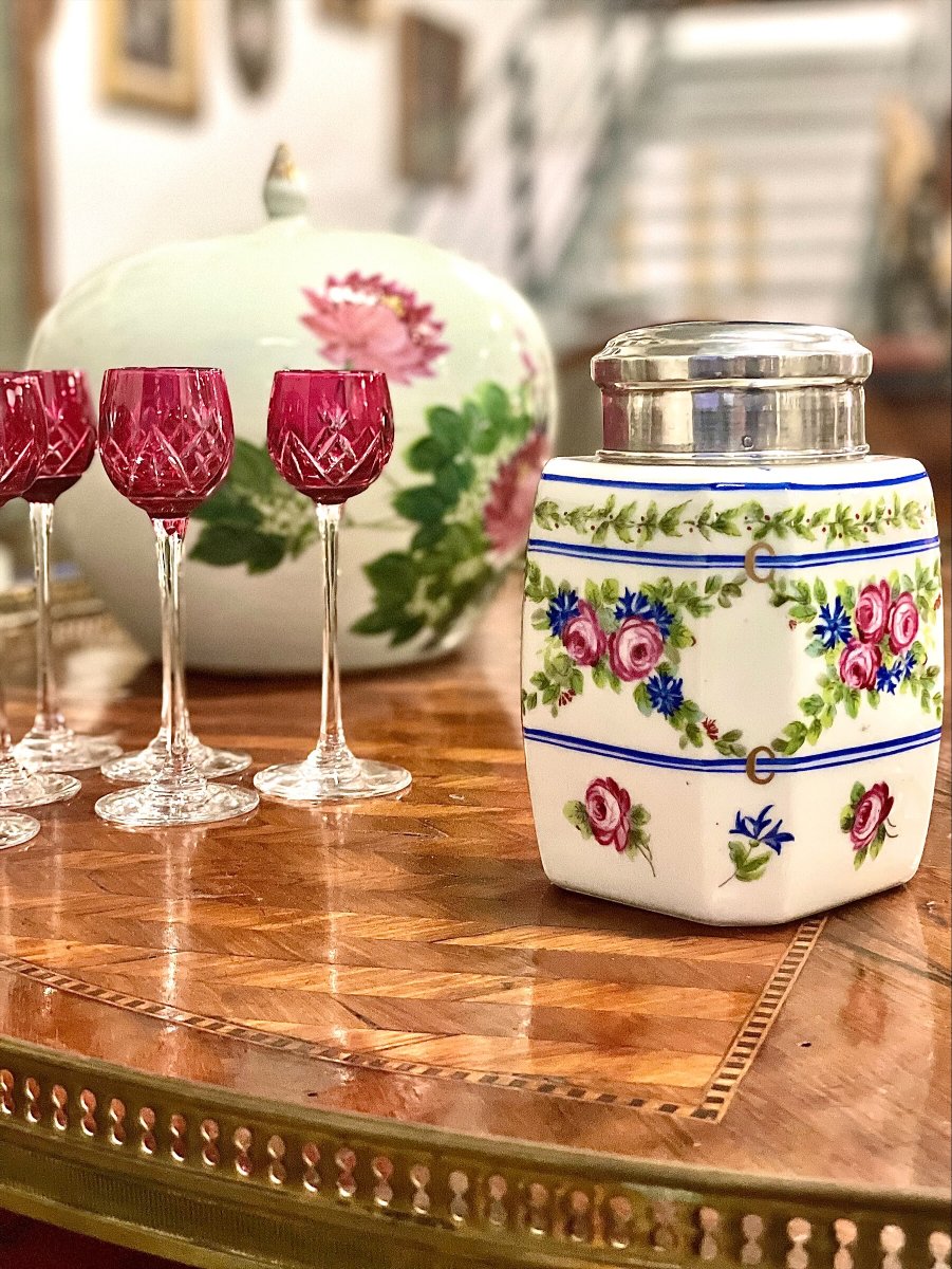 French Limoges Porcelain Tea Caddy With Sterling Silver Lid, Circa 1900-photo-3
