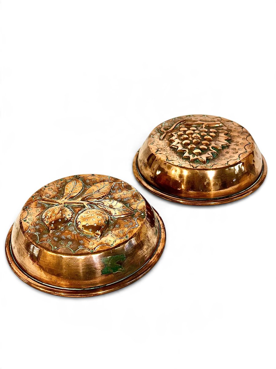 Pair Of Antique French Repoussé Copper Moulds With Fruit Motifs-photo-8