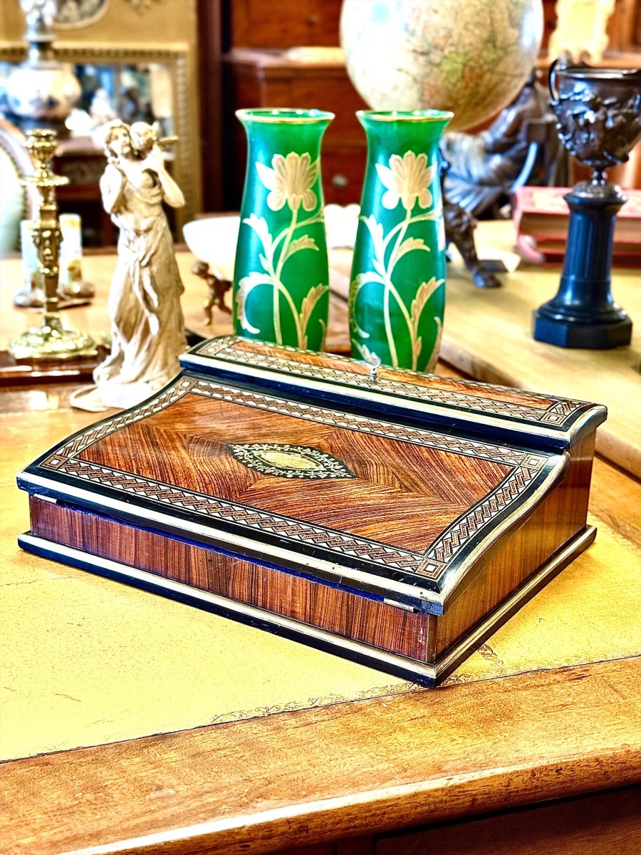 Écritoire Napoléon III du XIXe siècle en marqueterie avec encriers-photo-2