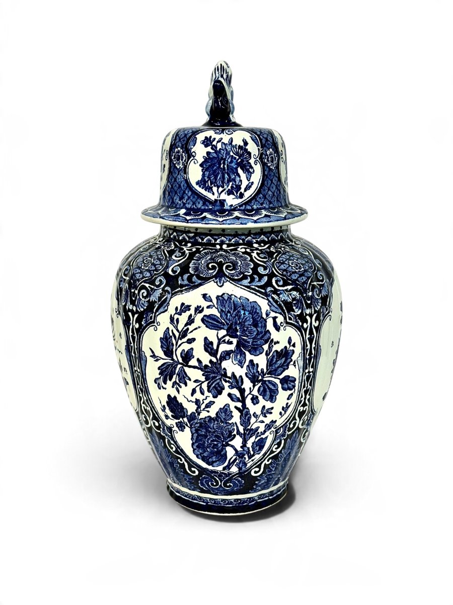 Belgian Boch Delft Blue And White Floral Lidded Ginger Jar, Circa 1920-photo-4