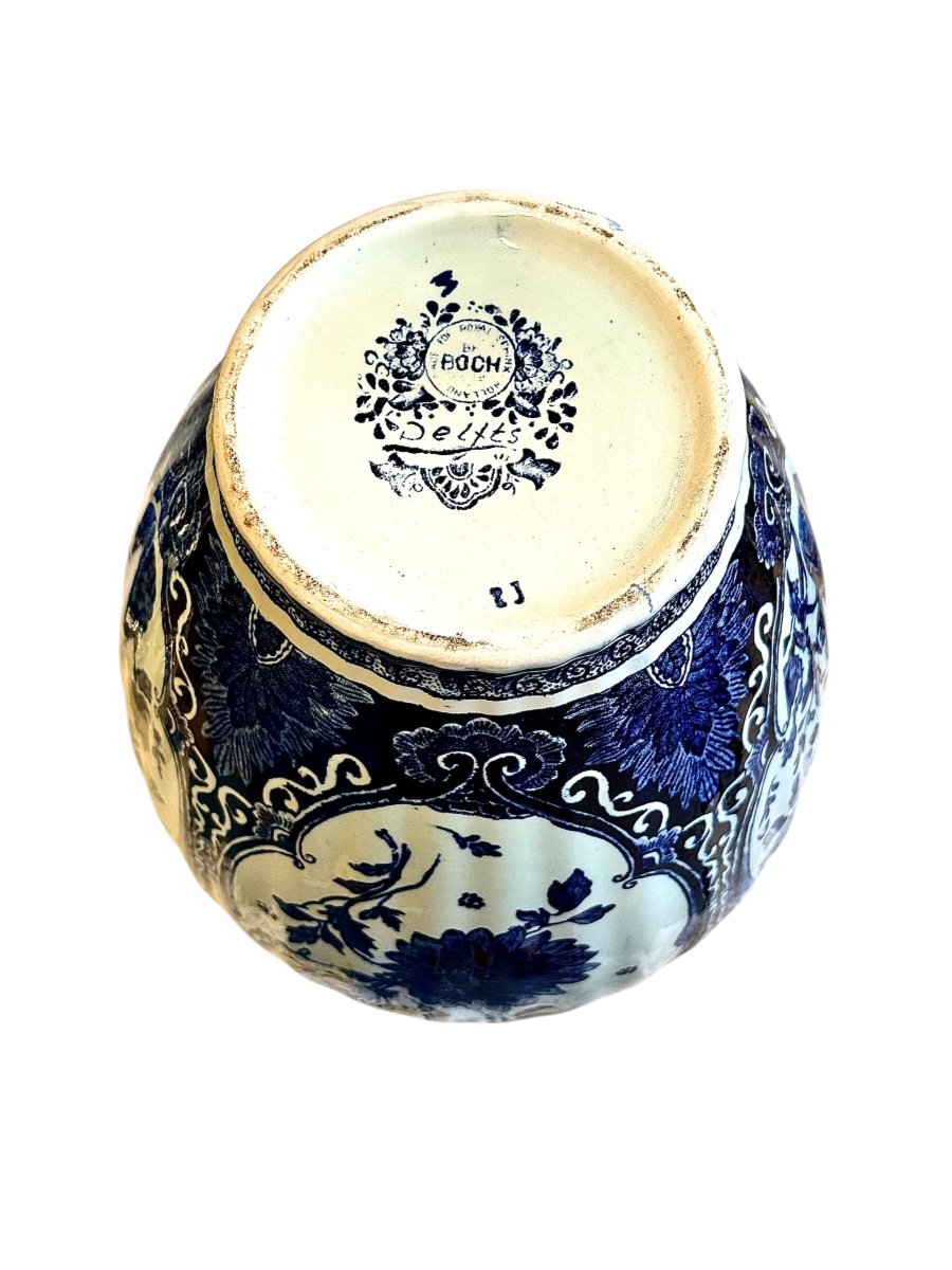 Belgian Boch Delft Blue And White Floral Lidded Ginger Jar, Circa 1920-photo-1