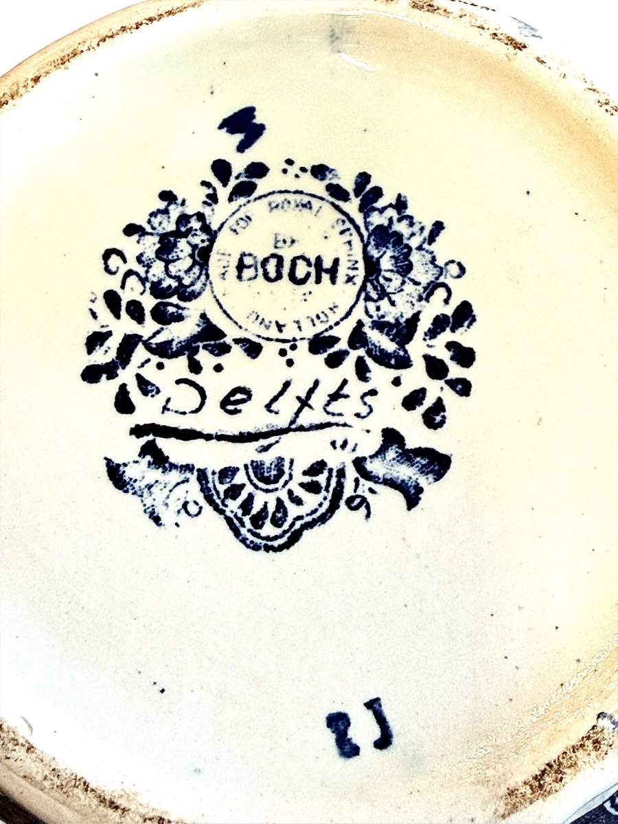 Belgian Boch Delft Blue And White Floral Lidded Ginger Jar, Circa 1920-photo-2