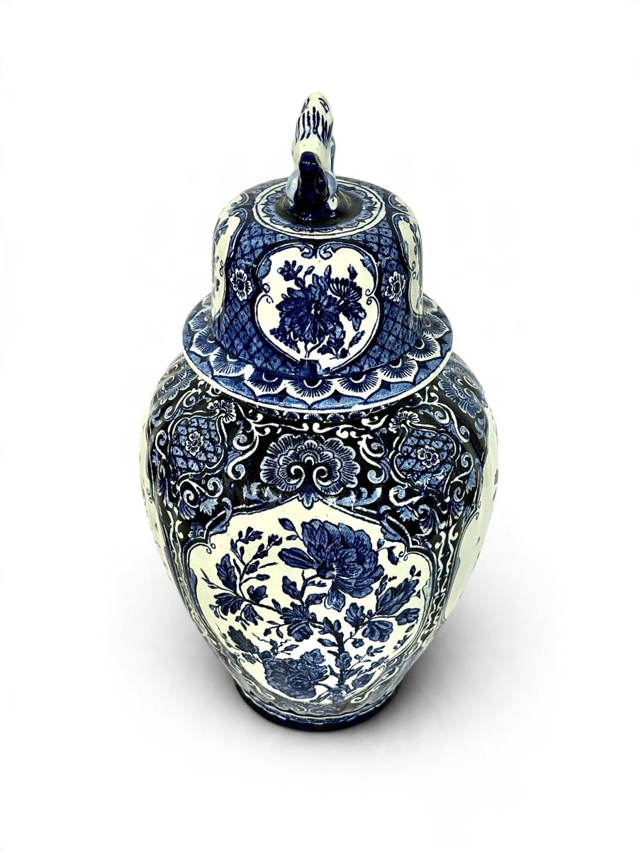 Belgian Boch Delft Blue And White Floral Lidded Ginger Jar, Circa 1920-photo-3
