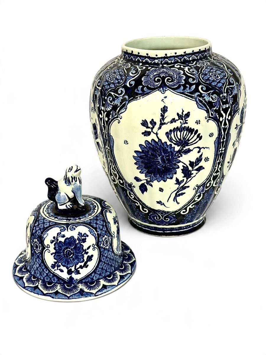 Belgian Boch Delft Blue And White Floral Lidded Ginger Jar, Circa 1920-photo-5