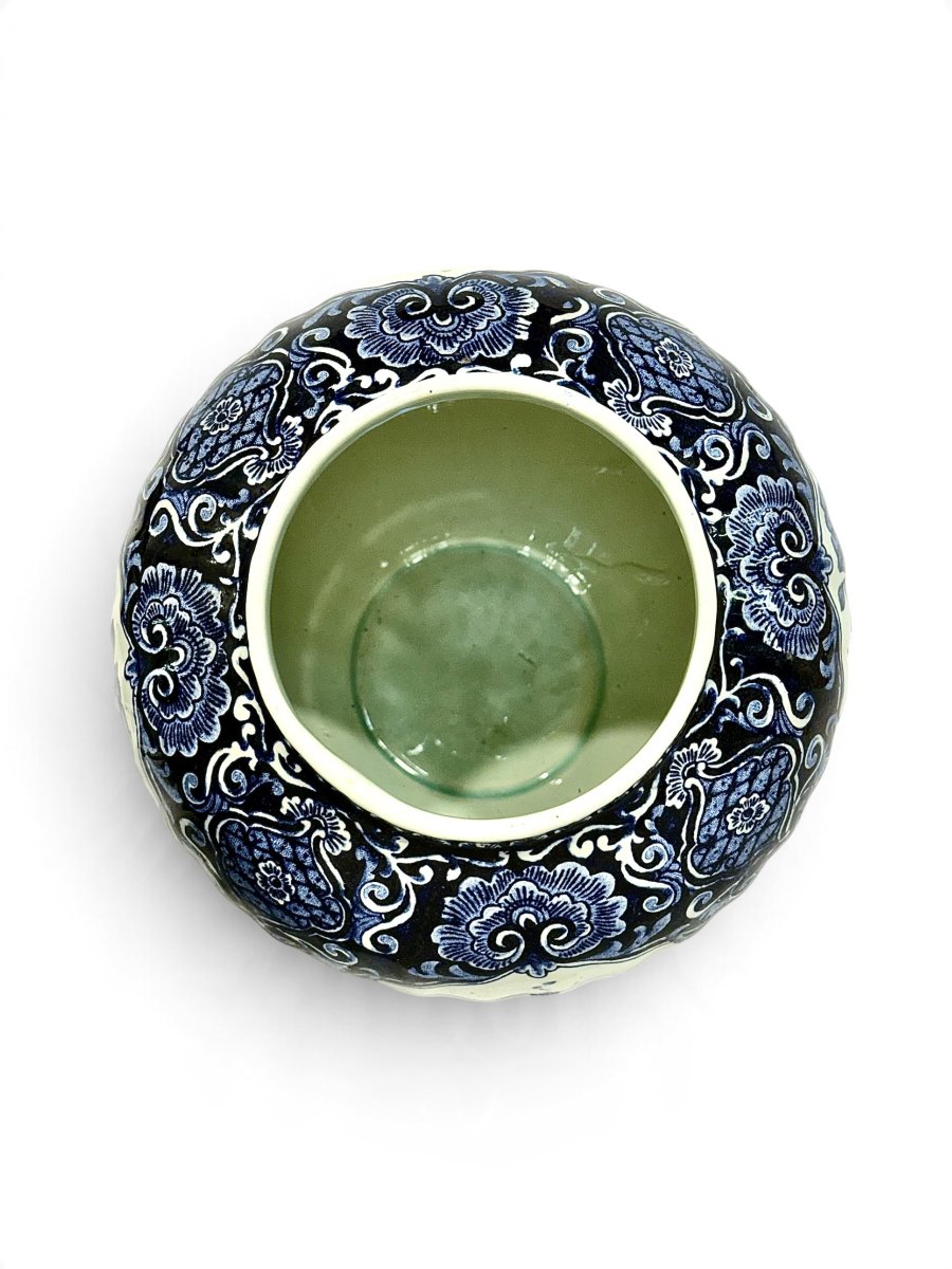 Belgian Boch Delft Blue And White Floral Lidded Ginger Jar, Circa 1920-photo-6