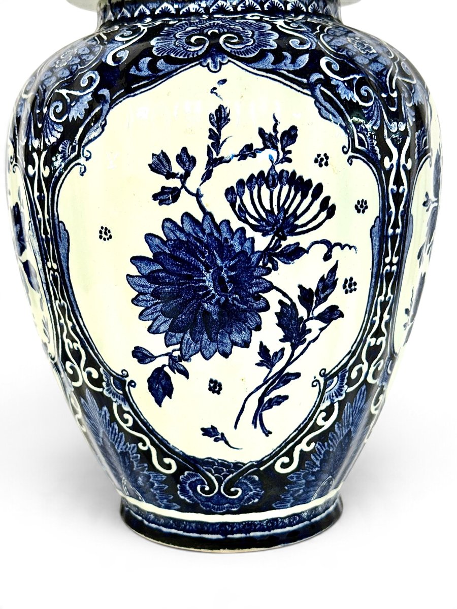 Belgian Boch Delft Blue And White Floral Lidded Ginger Jar, Circa 1920-photo-7