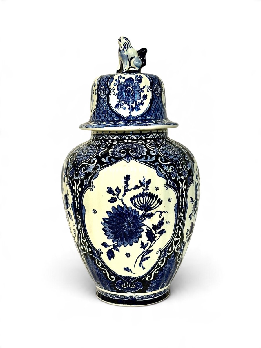 Belgian Boch Delft Blue And White Floral Lidded Ginger Jar, Circa 1920-photo-8