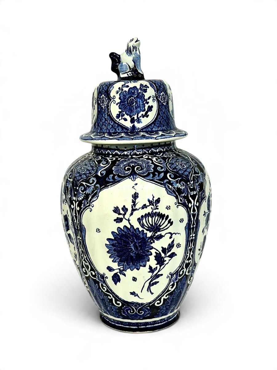 Belgian Boch Delft Blue And White Floral Lidded Ginger Jar, Circa 1920