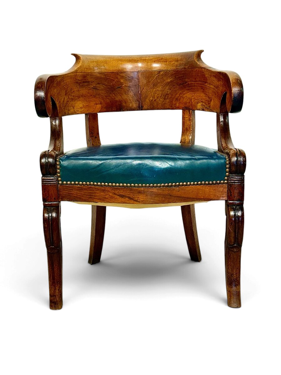 French Restoration Walnut Gondola Armchair, Circa 1820