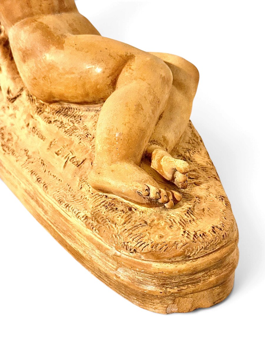 Sculpture Art déco en terre cuite, Bacchus et chèvre, Bohumil Rezl, vers 1930-photo-4