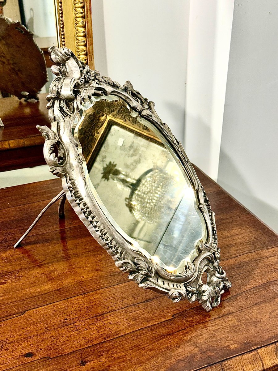 Miroir de table ancien en métal argenté, style Louis XV, début XXe siècle-photo-2