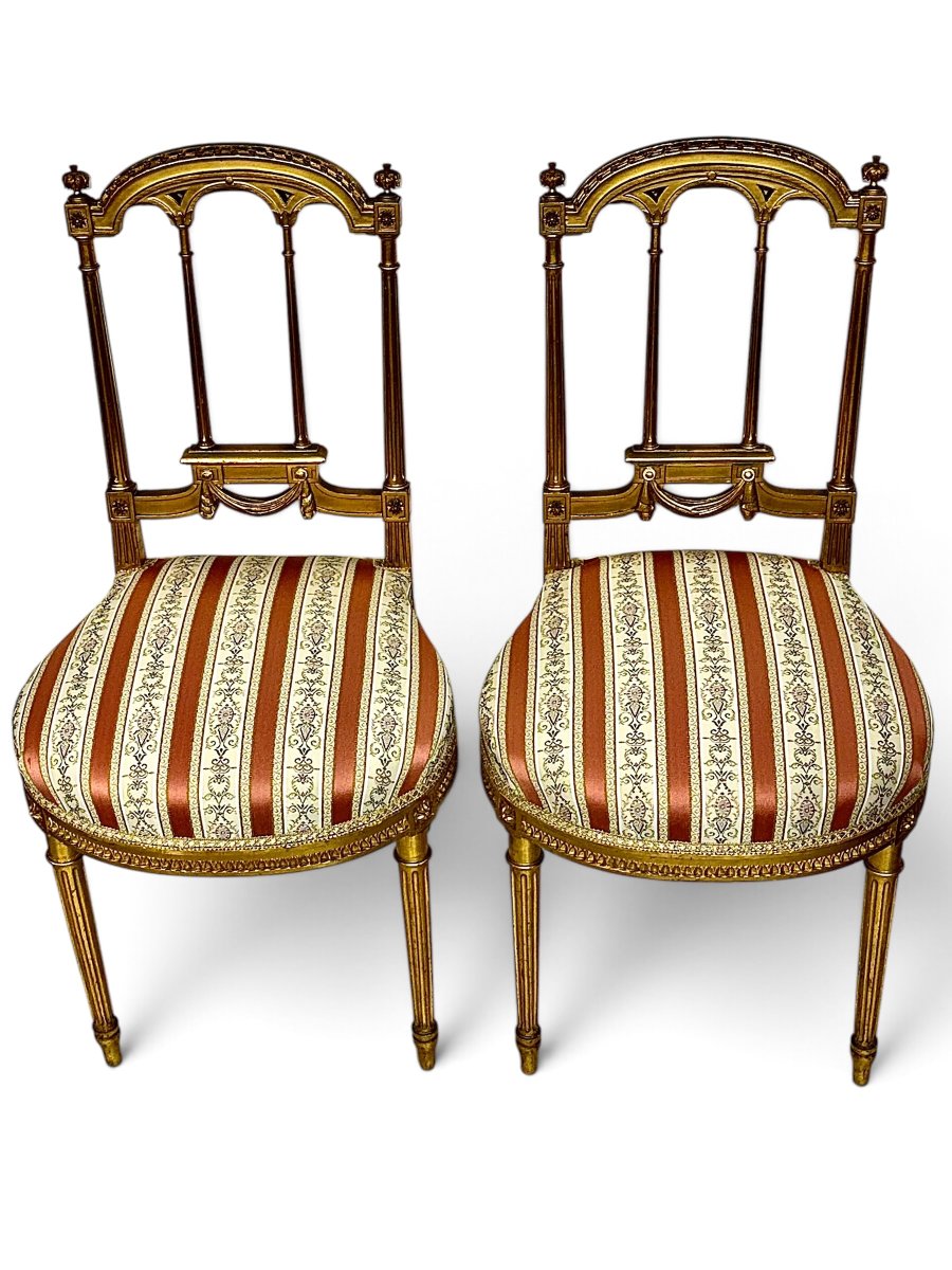 Paire de chaises de style Louis XVI en bois doré, France XIXe siècle-photo-2