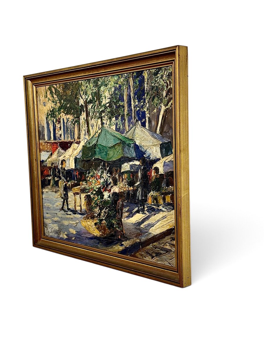 Marché aux fleurs, huile sur toile signée H. Stauder, XXe siècle-photo-4