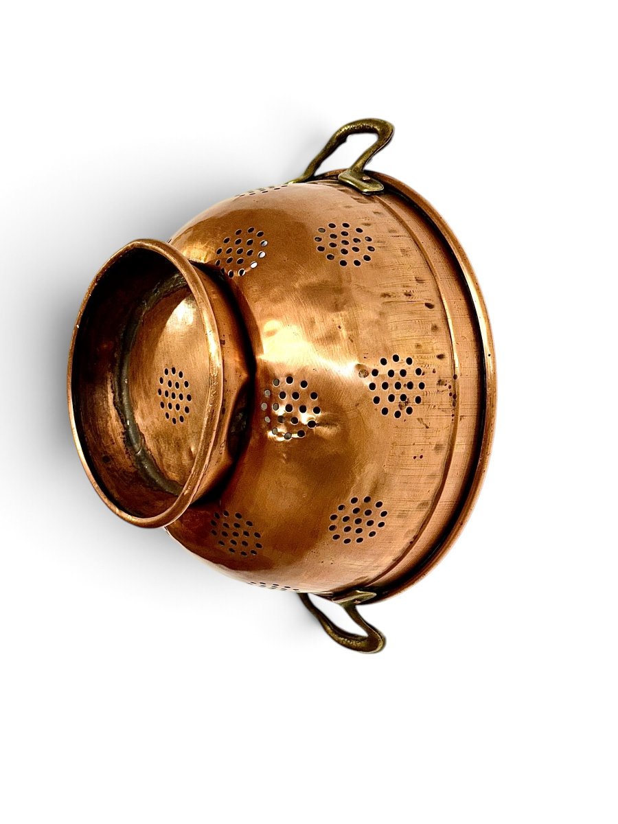 19th-century Copper Colander With Brass Handles And Pierced Decoration-photo-3