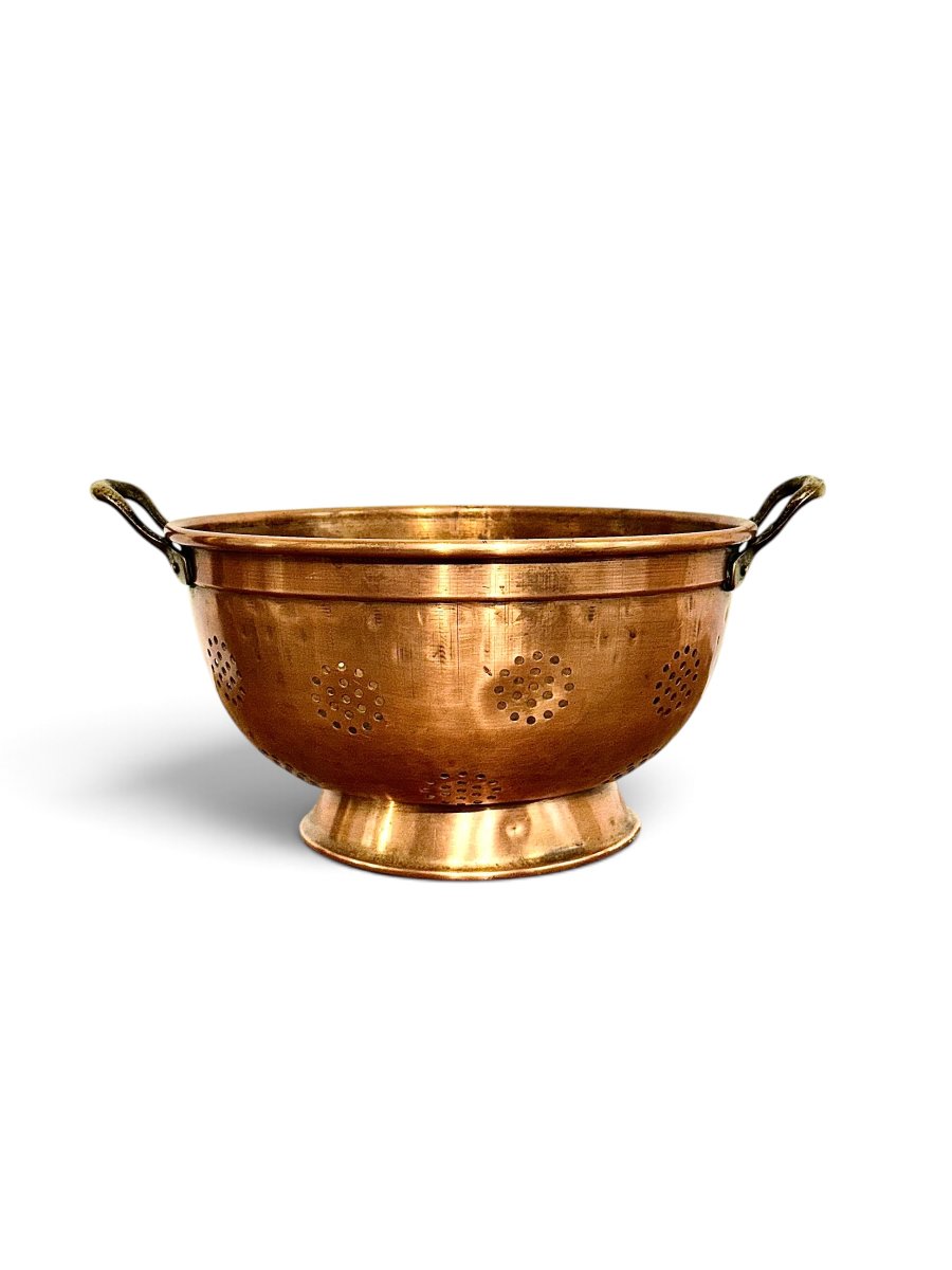 19th-century Copper Colander With Brass Handles And Pierced Decoration