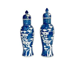 Pair Of Chinese Blue And White Lidded Porcelain Vases