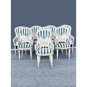 Set Of Eight French Louis XVI Style Dining Chairs With Velvet Upholstery