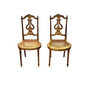 Pair Of French Giltwood And Cane Lyre Back Chairs, Second Empire Period