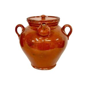 Terracotta Walnut Oil Jar With Shaped Spout And Three Handles