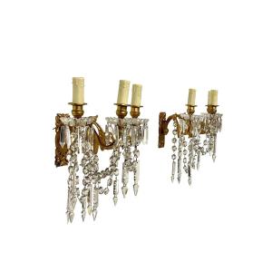 19th Century Pair Of Baccarat Wall Sconces In Bronze And Crystal