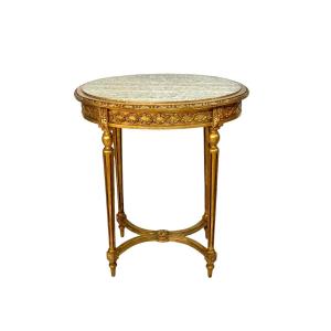 XIXème Siècle. Table Centrale Louis XVI Dorée Avec Plateau En Marbre