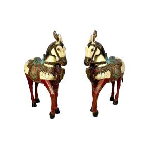 Pair Of Large Hand Painted Indian Horses With Peacock Saddles