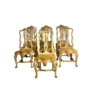 Rare Suite Of 10 Italian Rococo Dining Chairs With Distressed Patina, C.1800