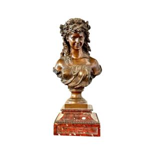 Buste en Bronze du XIXe siècle par Mathurin Moreau sur Socle en Marbre Griotte