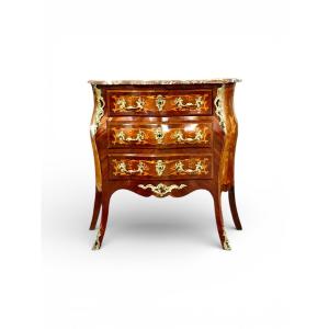 19th Century French Louis XV Style Marquetry Commode With Breccia Marble Top