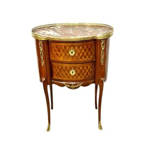 Louis XVI Style Kidney-shaped Commode With Cube Marquetry, 19th Century