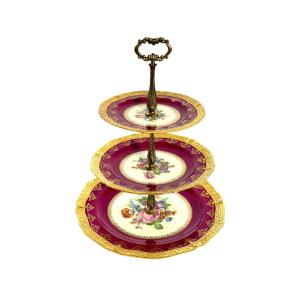 Limoges Ribes Porcelain Three-tier Centerpiece, Gilt & Flora Decor