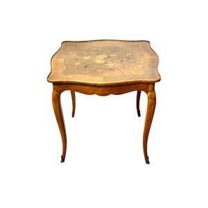 French Walnut Marquetry Coffee Table, Floral Inlay, Mid-20th C.