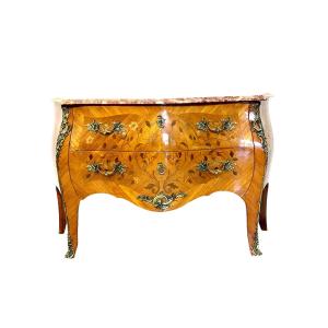 French Louis XV Style Marquetry Commode With Marble Top, Late 19th Century