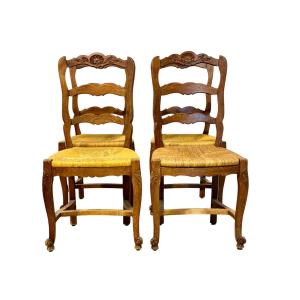 Set Of 4 French Provincial Oak Chairs With Rush Seats, Circa 1900